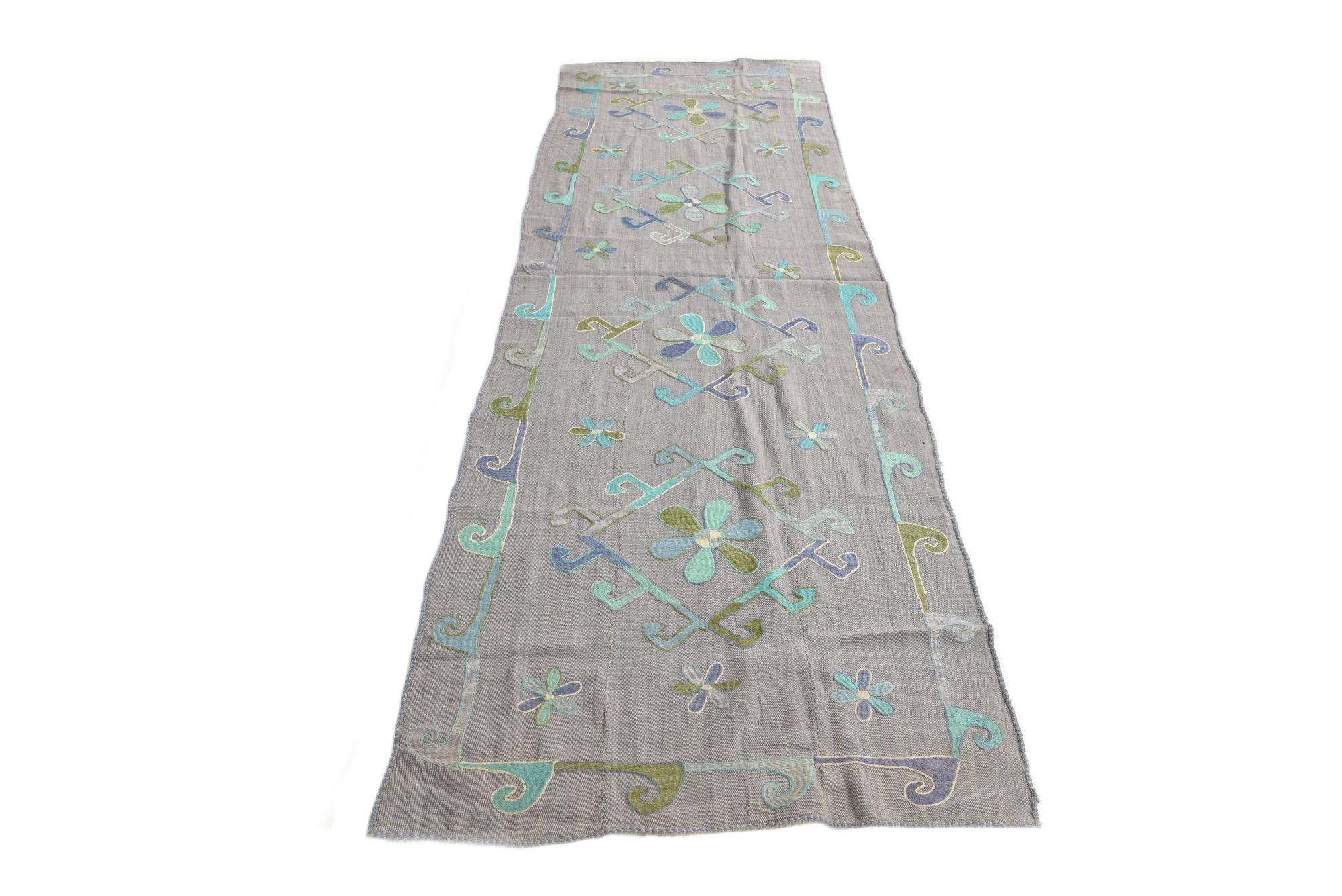 3' 4 x 10' 3 Hand Woven Kilim Suzani Wool Runner Rug