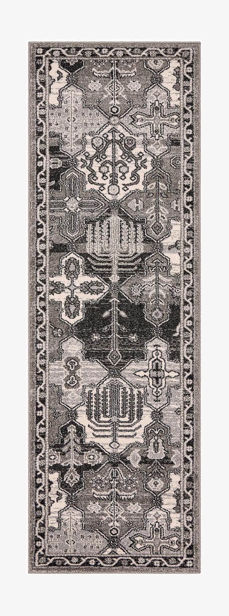 A 6 ft runner rug from the Miranda collection, featuring a distressed gray and silver bohemian pattern with traditional motifs.