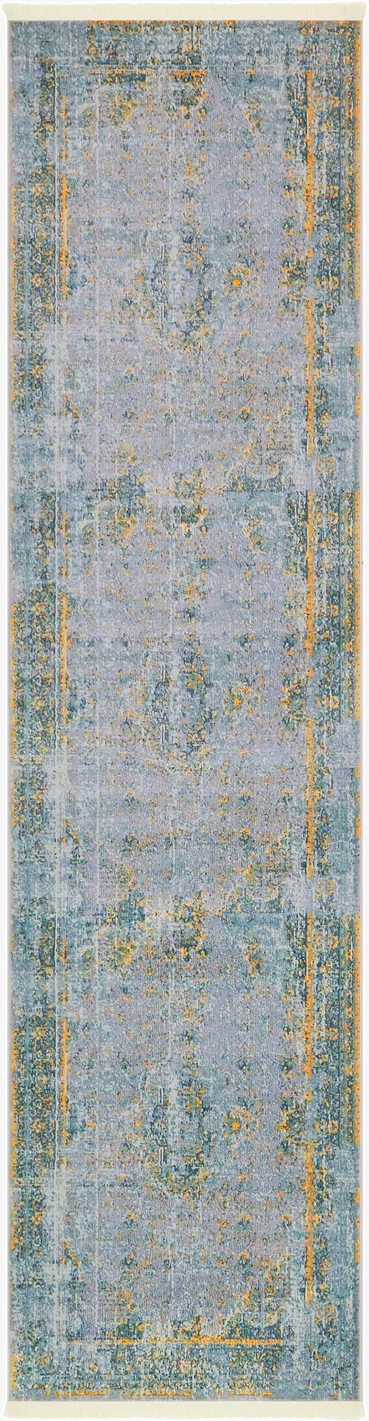 A 10 ft runner rug in gray and silver with a distressed traditional medallion pattern and subtle gold accents, ideal for a hallway.