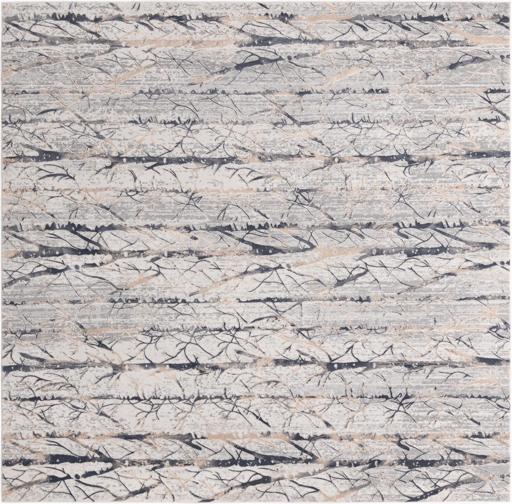 A 7' 10 x 7' 10 square gray modern area rug with a textured high/low pile stripe pattern, featuring abstract lines in dark gray and beige.