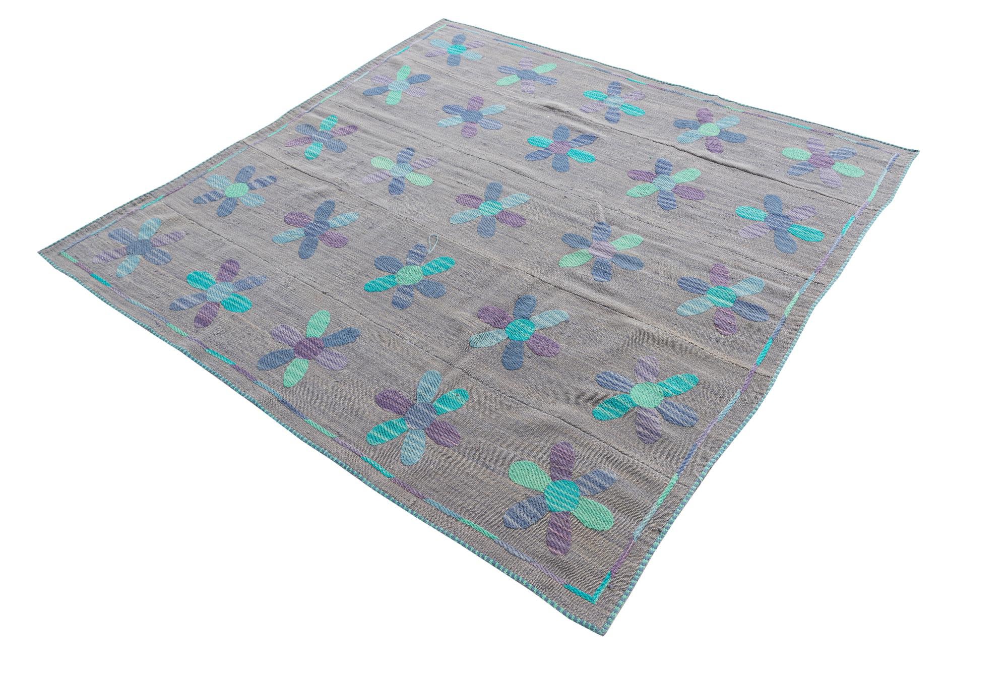 5' 4 x 5' 5 Hand Woven Kilim Suzani Wool Square Rug