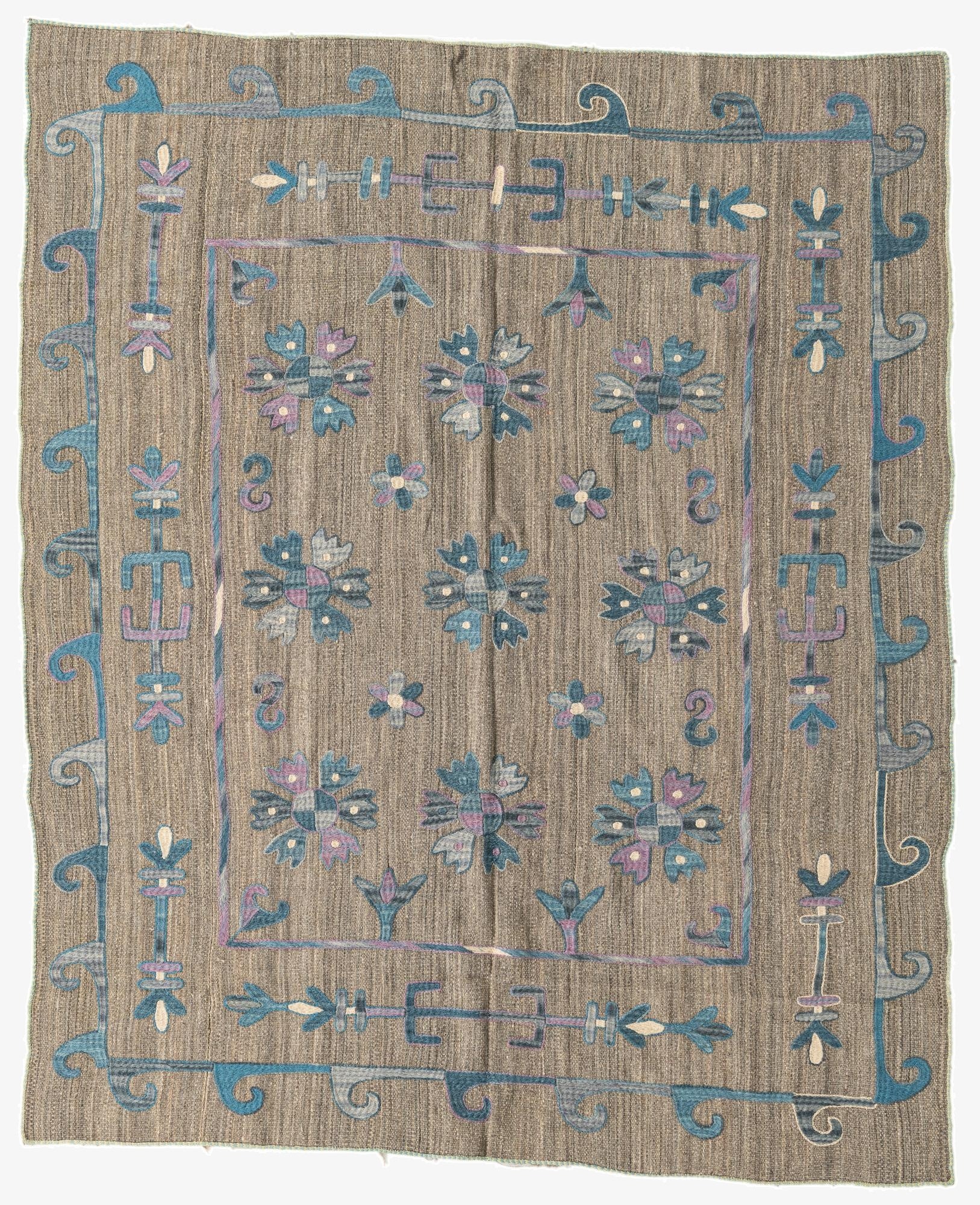 5' 3 x 6' 3  Hand Woven Kilim Suzani Wool Square Rug