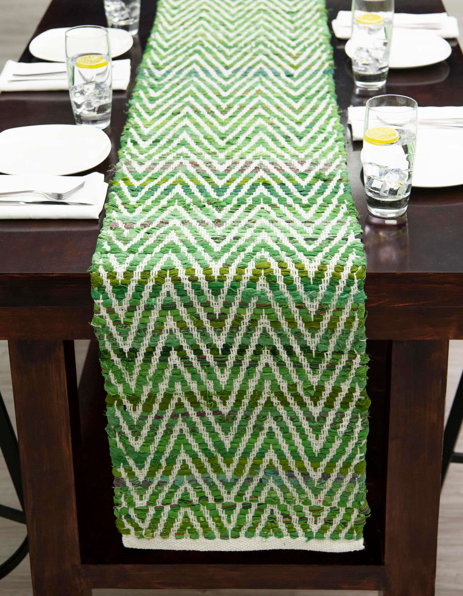 Green 1' 2 x 8' Hand Woven Chindi Chevron Table Runner Rug