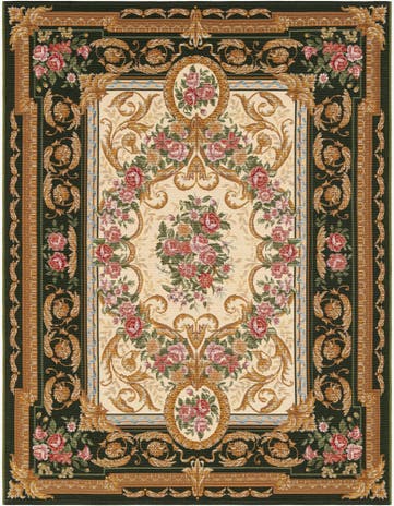 Green and Ivory Easy-Clean Traditional Indoor / Outdoor Rug