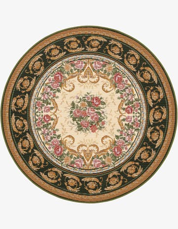Green and Ivory Easy-Clean Traditional Indoor / Outdoor Round Rug