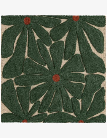 Green and Ivory Handtufted Wool Square Rug