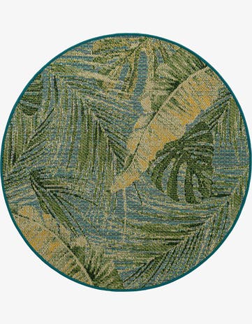 Green Blue Easy-Clean Botanical Indoor / Outdoor Round Rug
