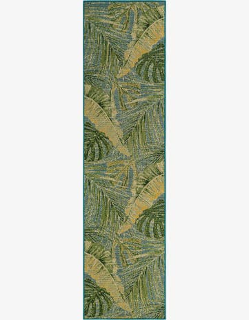 Green Blue Easy-Clean Botanical Indoor / Outdoor Runner Rug