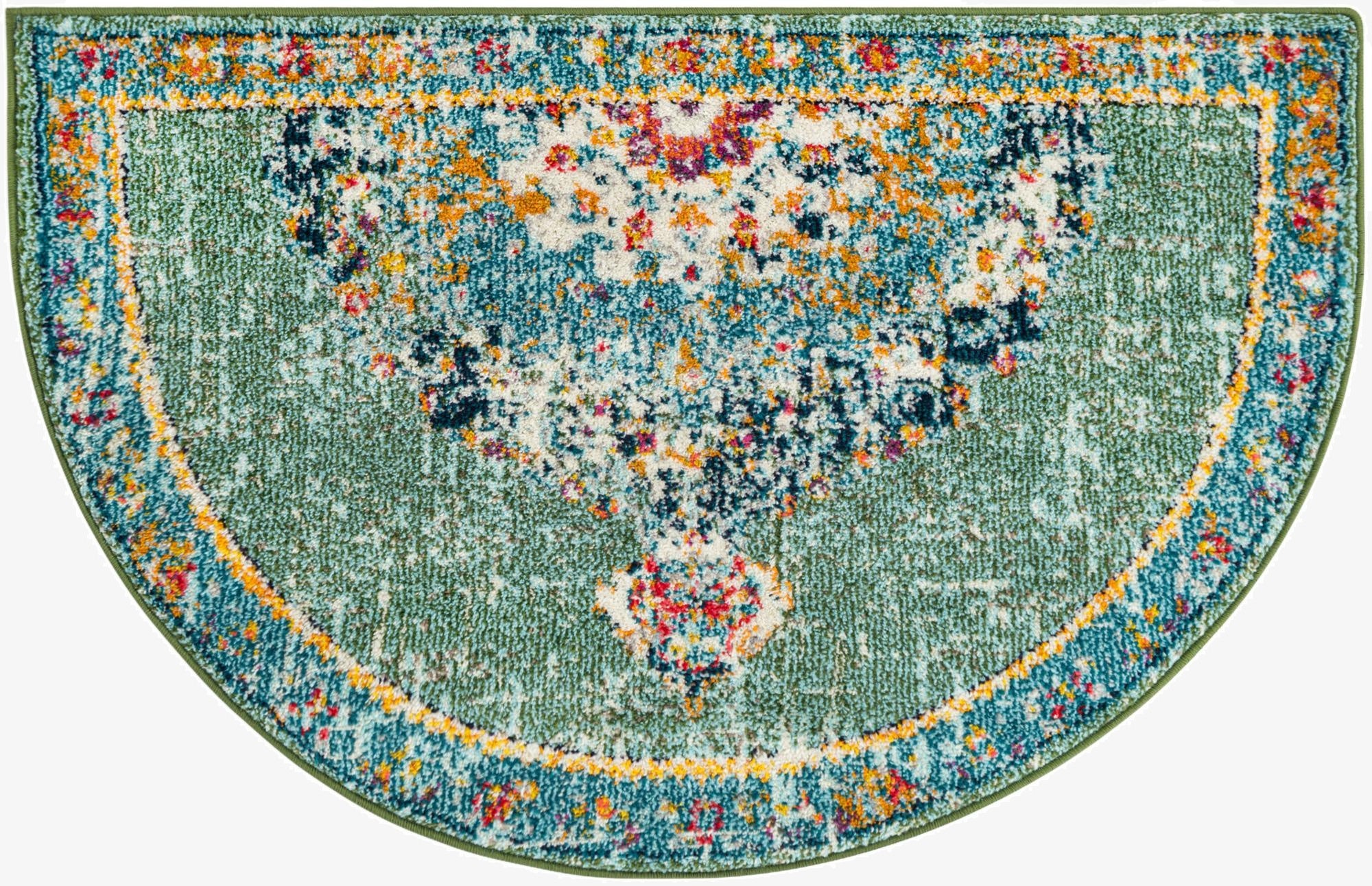 A 2' 2 x 3' 7 hearth rug with a distressed traditional medallion pattern in shades of green, blue, orange, and red.