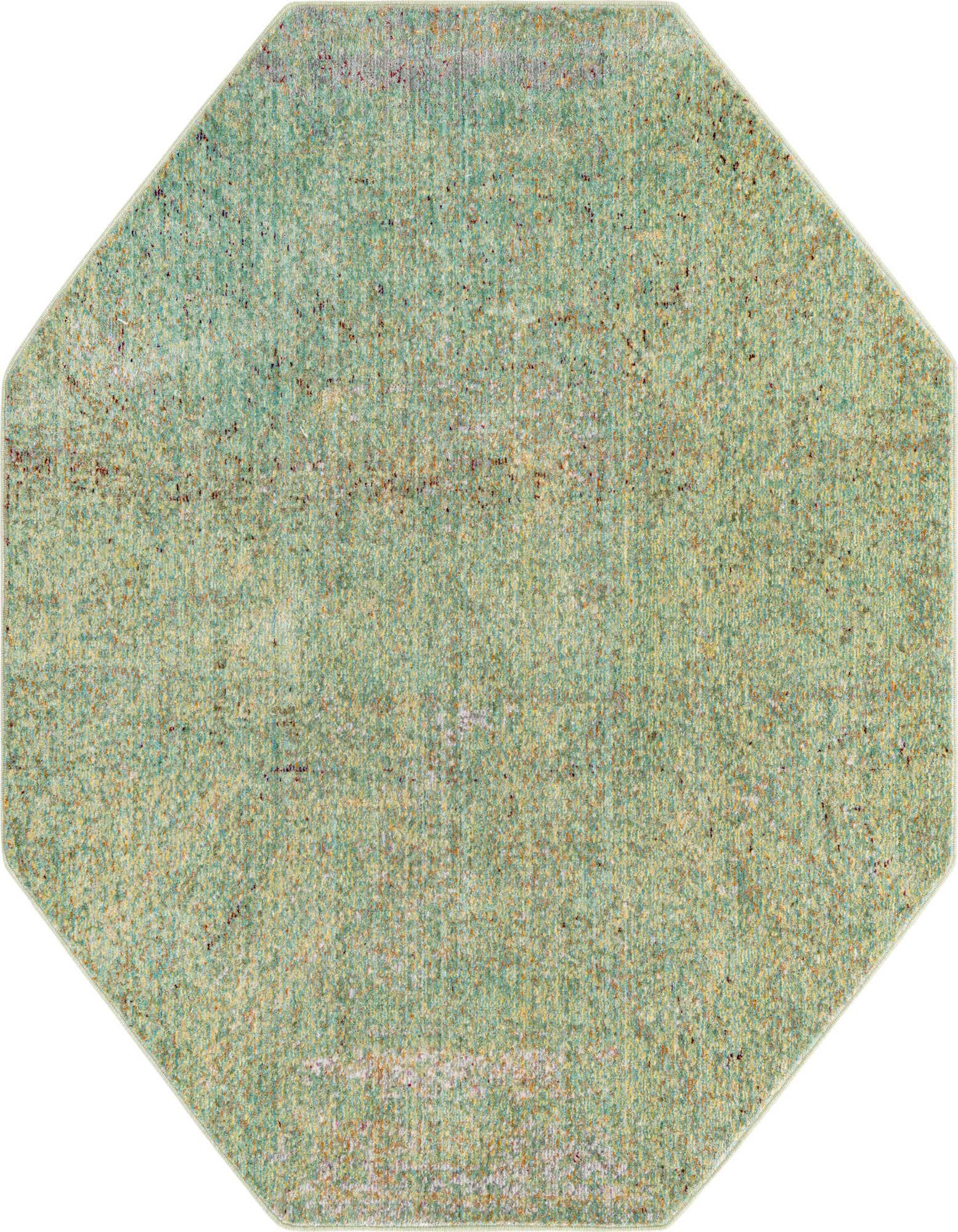 An octagon-shaped 4'x4' green area rug with a subtle distressed Bohemian pattern, suitable for indoor spaces.