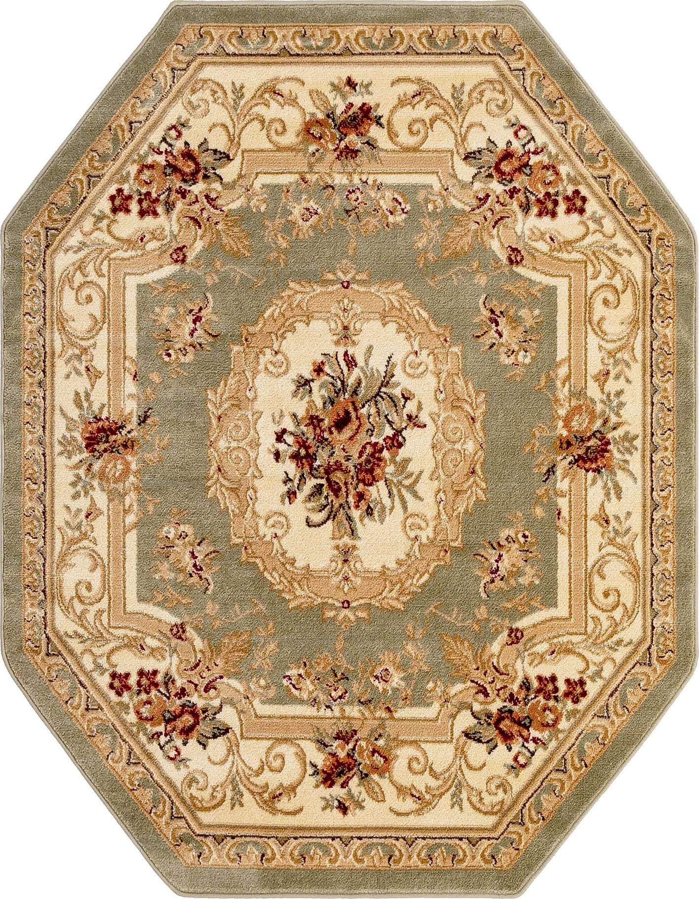 An octagon-shaped Rugs.com Chateau rug, 5' 3 x 5' 3, featuring a traditional green and cream botanical pattern with a central medallion and floral accents.
