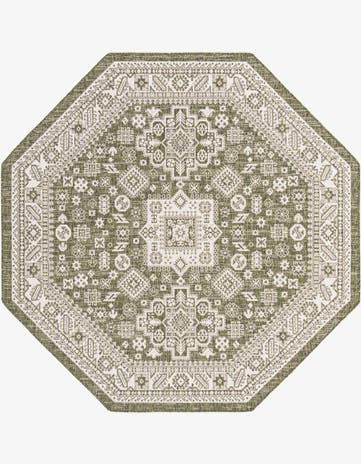 Green Easy-Clean Aztec Indoor / Outdoor Octagon Rug