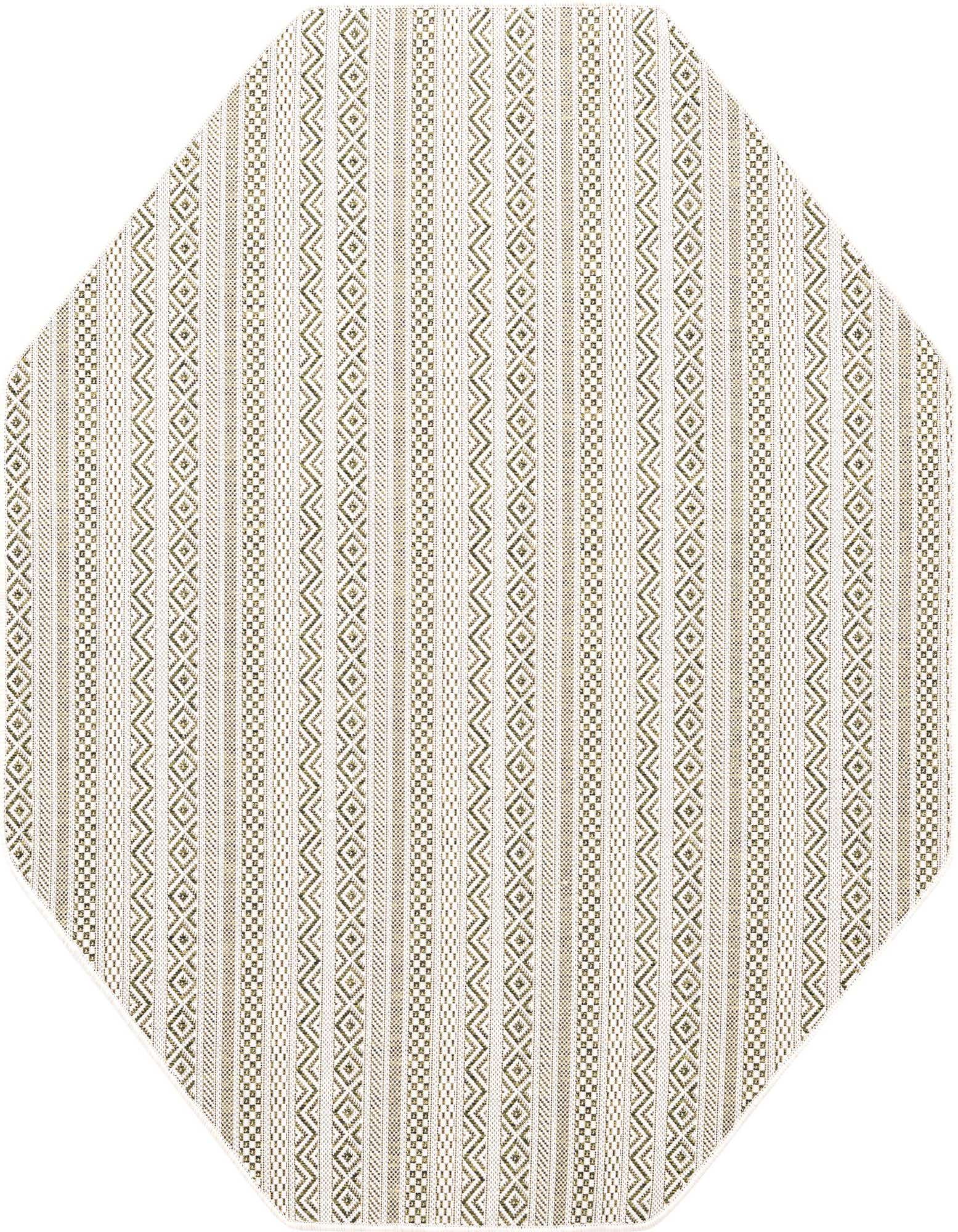 Octagon-shaped green and white flatweave rug with vertical tribal and geometric stripes, perfect for a patio.