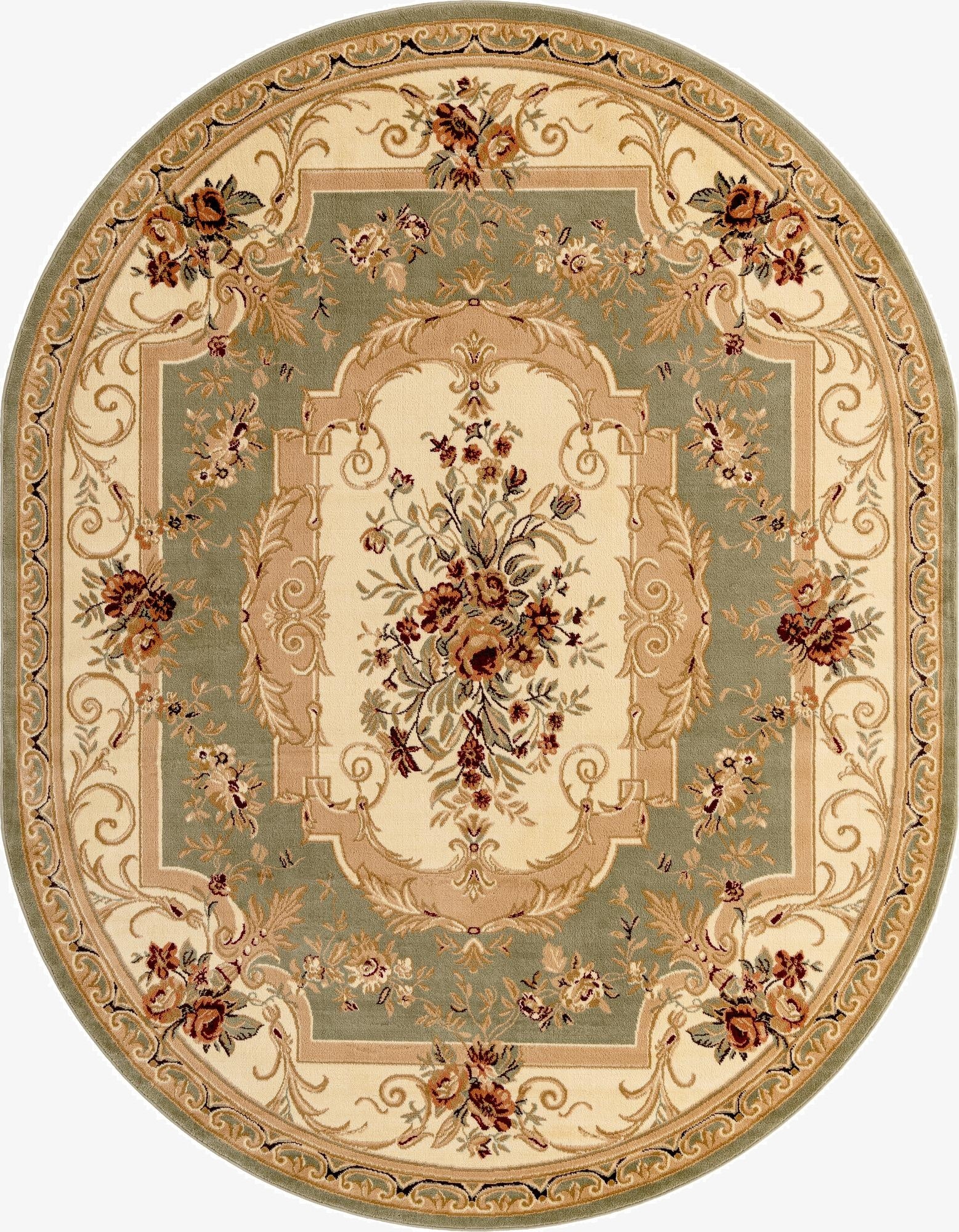 An oval green and cream traditional rug with a central floral medallion and botanical border, suitable for an indoor living space.