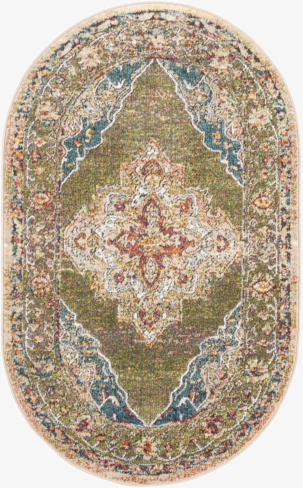 An oval Isabella collection rug featuring an ornate traditional medallion pattern in shades of green, cream, and hints of rust and blue.