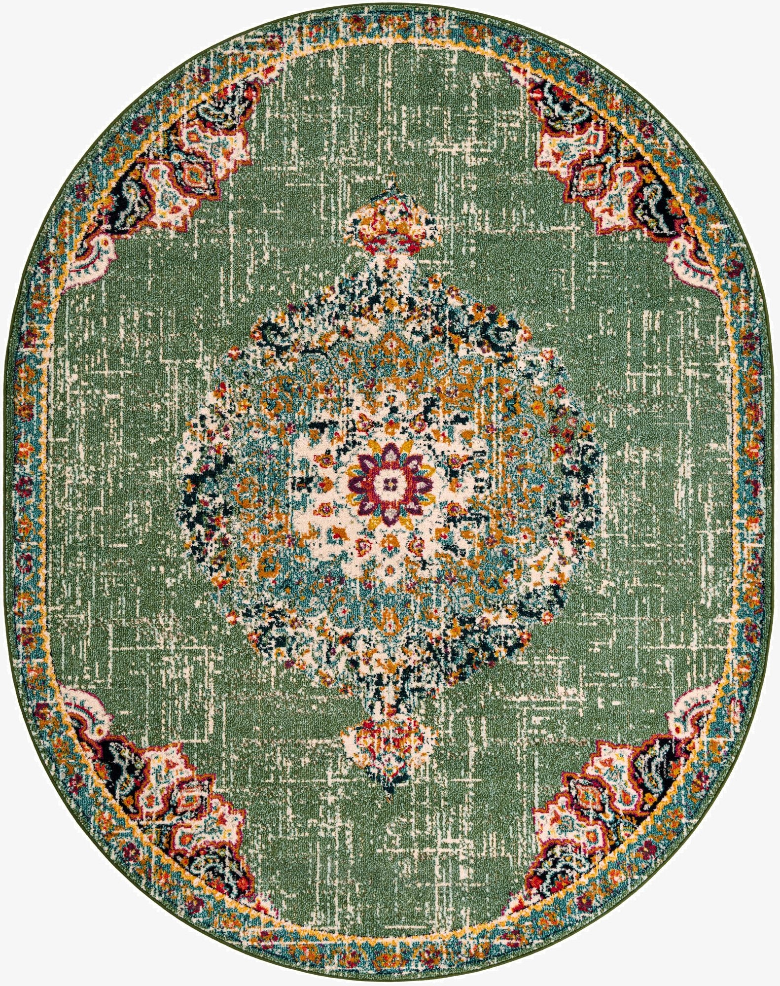 An oval 7' 10 x 10' 0 green area rug with a distressed traditional medallion pattern in vibrant red, blue, and gold.