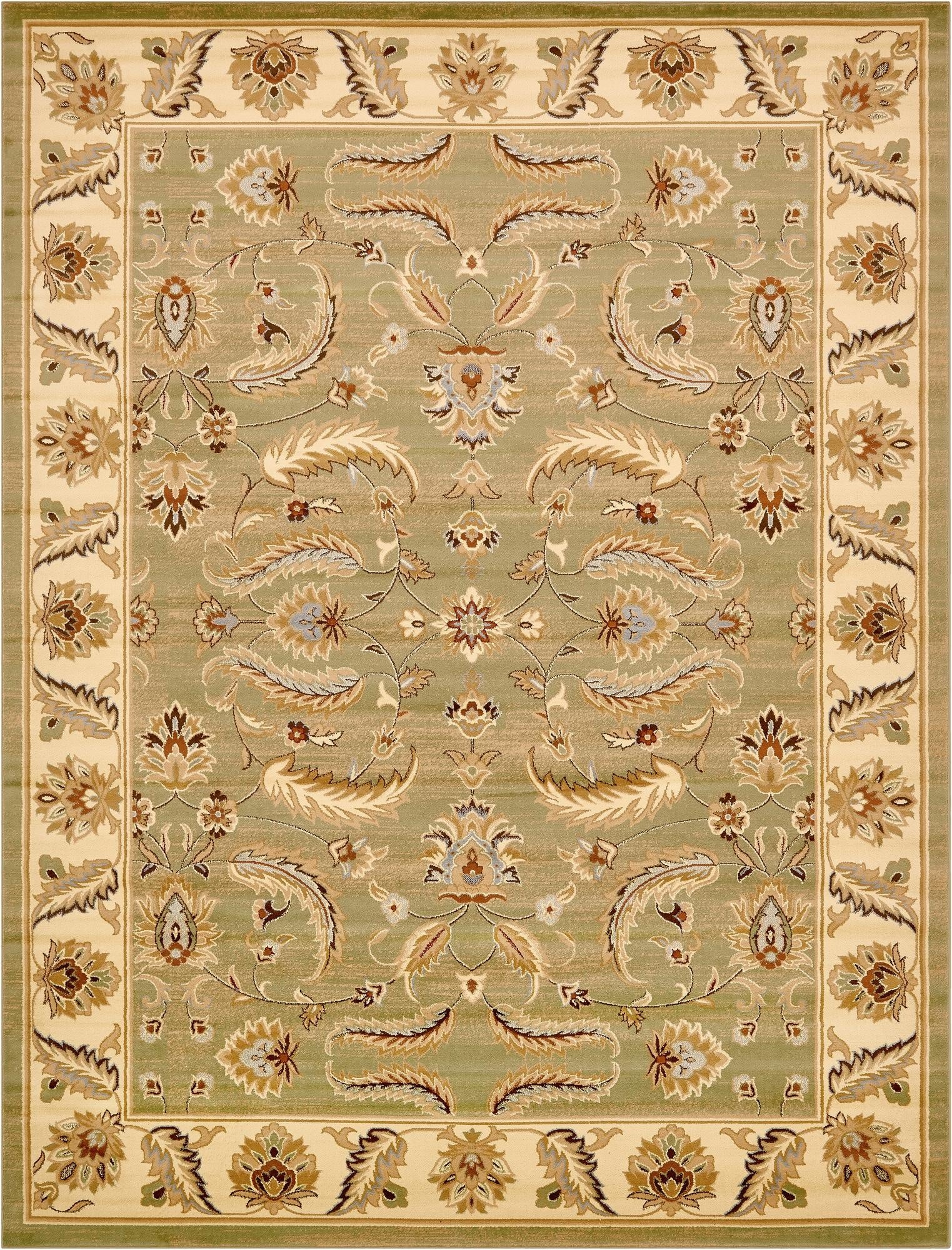 A 10x13 rectangular green traditional rug with an intricate botanical and floral pattern in shades of cream, brown, and light blue.