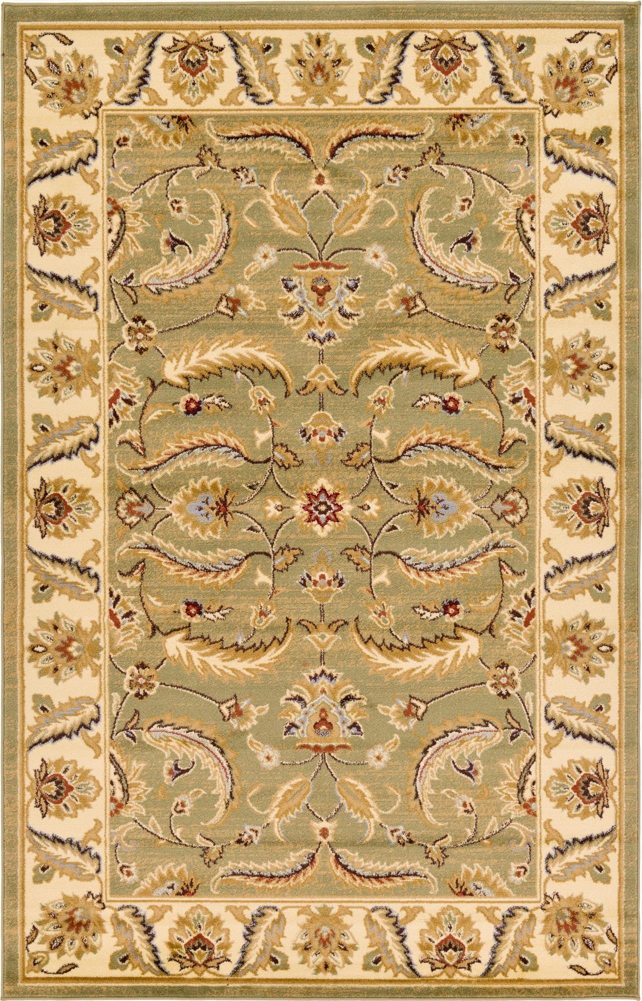 A 5x8 rectangular indoor rug featuring a traditional botanical pattern in shades of green, cream, and gold.
