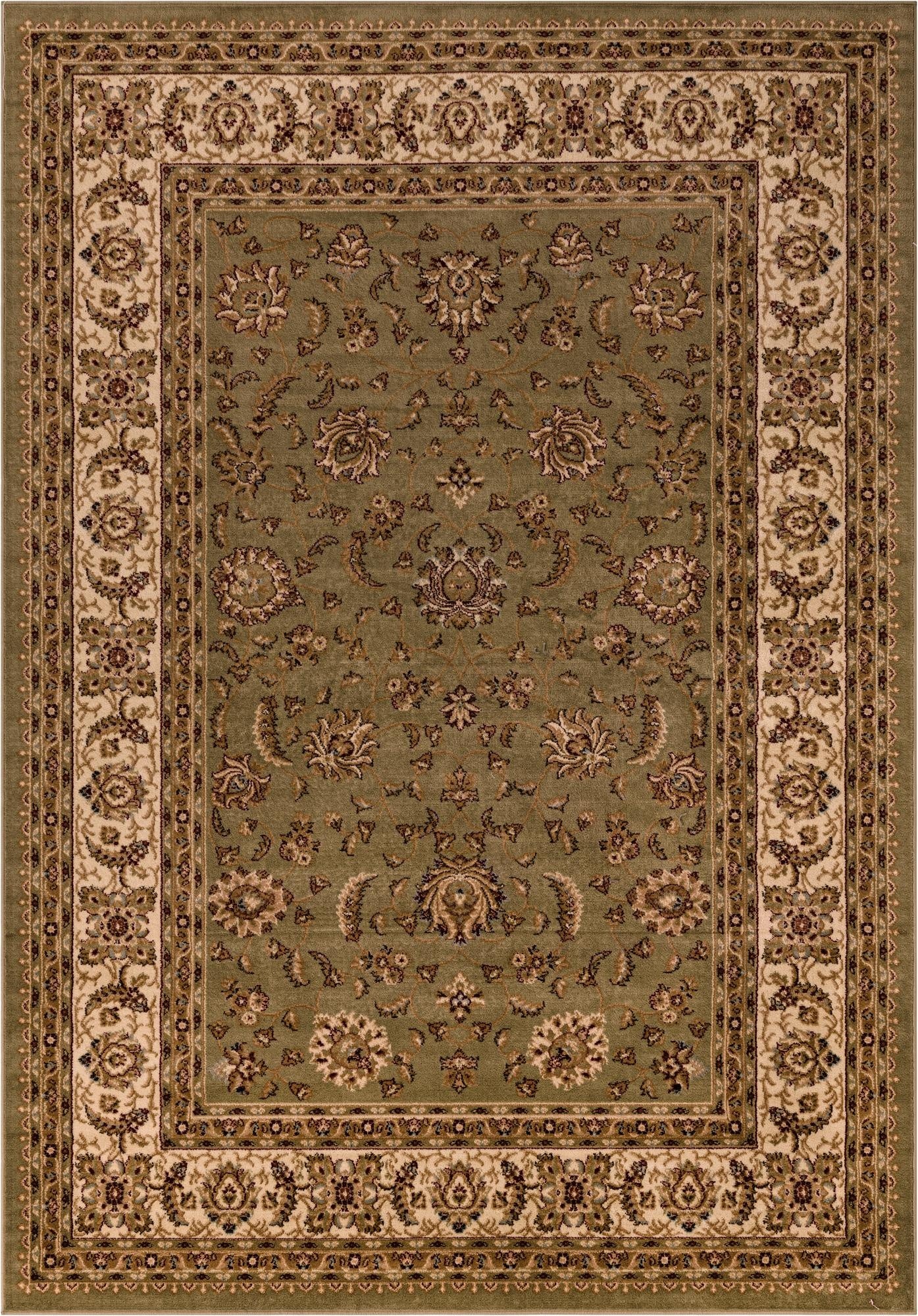 A rectangular 7x10 Aditi rug with a traditional floral pattern in shades of green, beige, and brown.