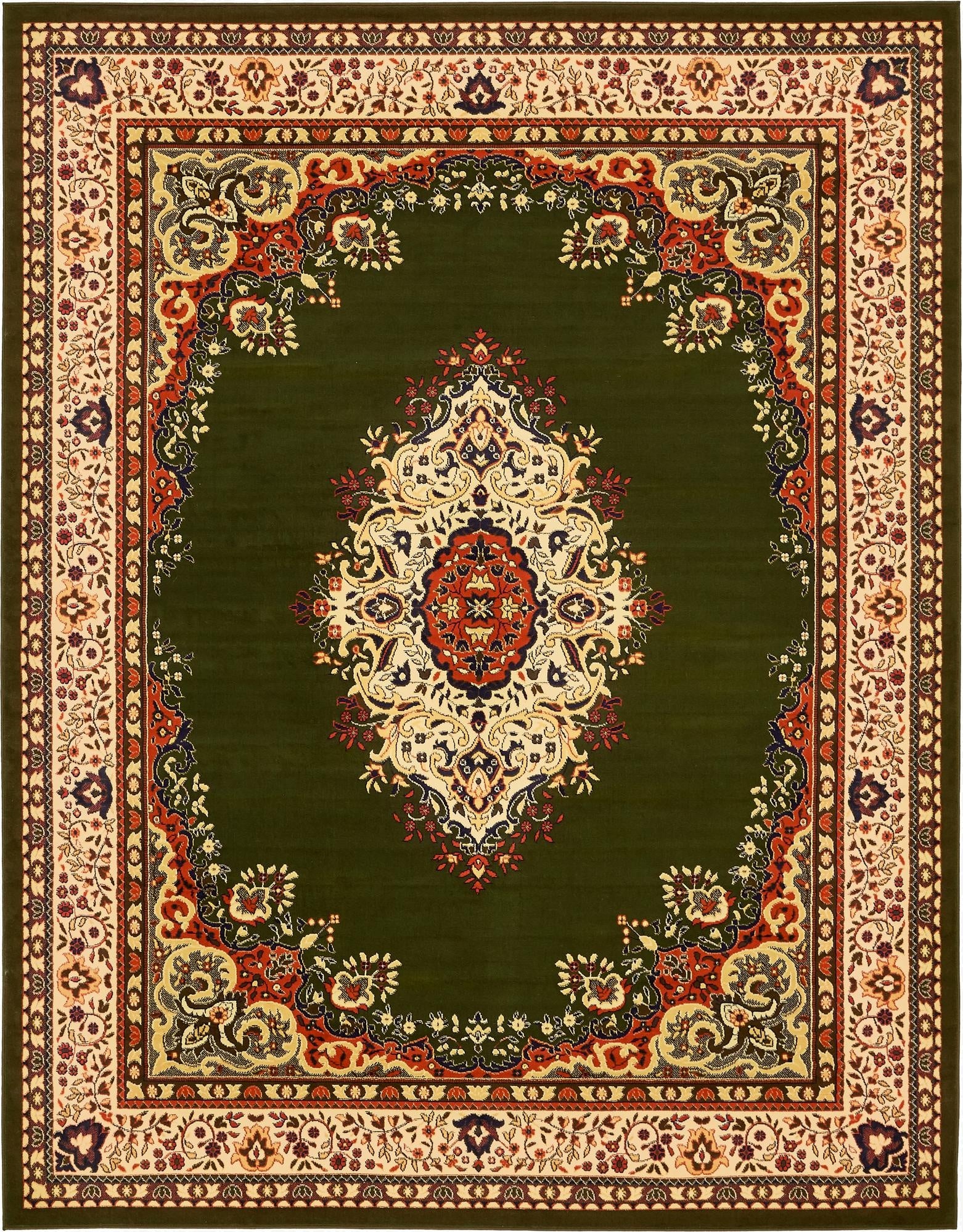 A 9x12 rectangular green traditional rug with an ornate central medallion and intricate floral borders in cream, red, and gold.