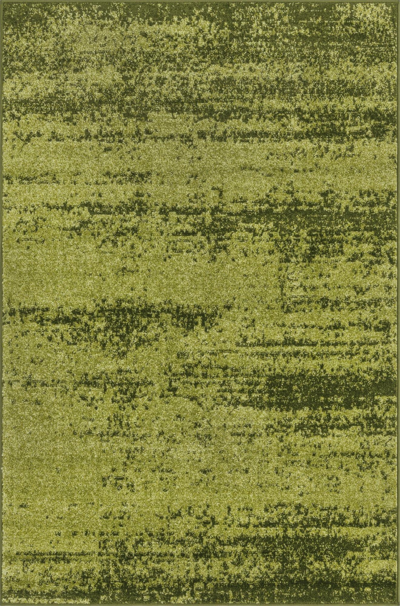 A 4x6 rectangular indoor rug featuring a contemporary abstract pattern in varying shades of green, from light lime to dark olive, with a medium pile.