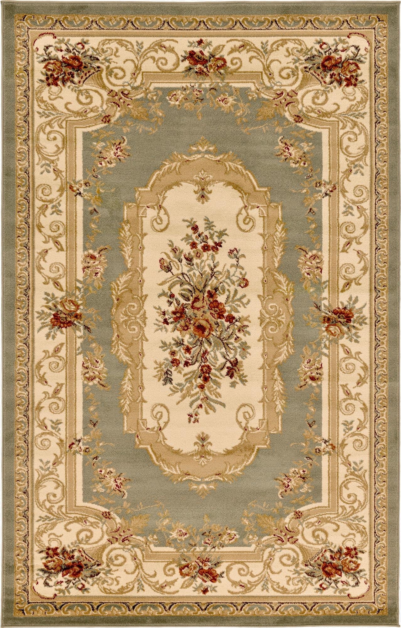 A 5x8 rectangular Chateau rug featuring a traditional French medallion pattern in shades of green, cream, and gold with floral accents.