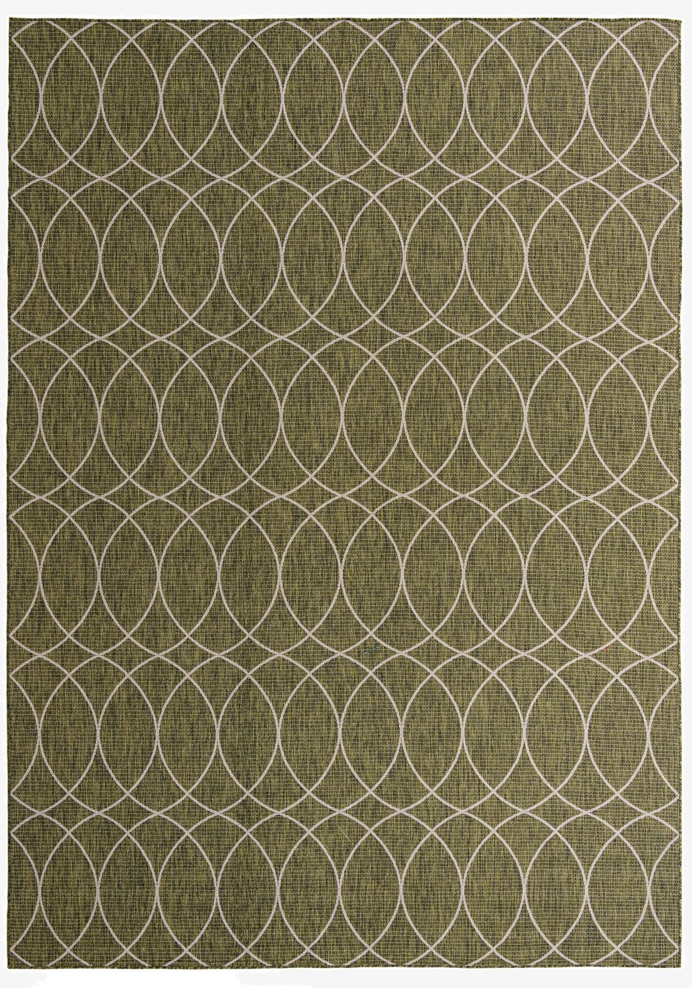 A 10x14 rectangular green indoor/outdoor rug with a modern white trellis pattern, suitable for a patio.