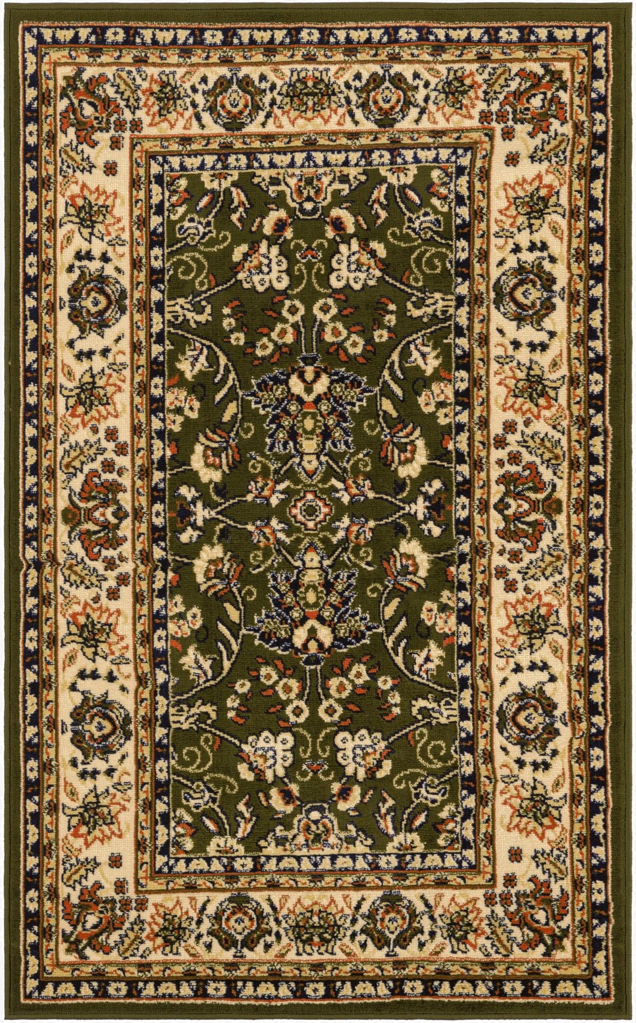 A 3x5 rectangular indoor rug with a traditional floral pattern in shades of green, cream, and hints of rust and navy.