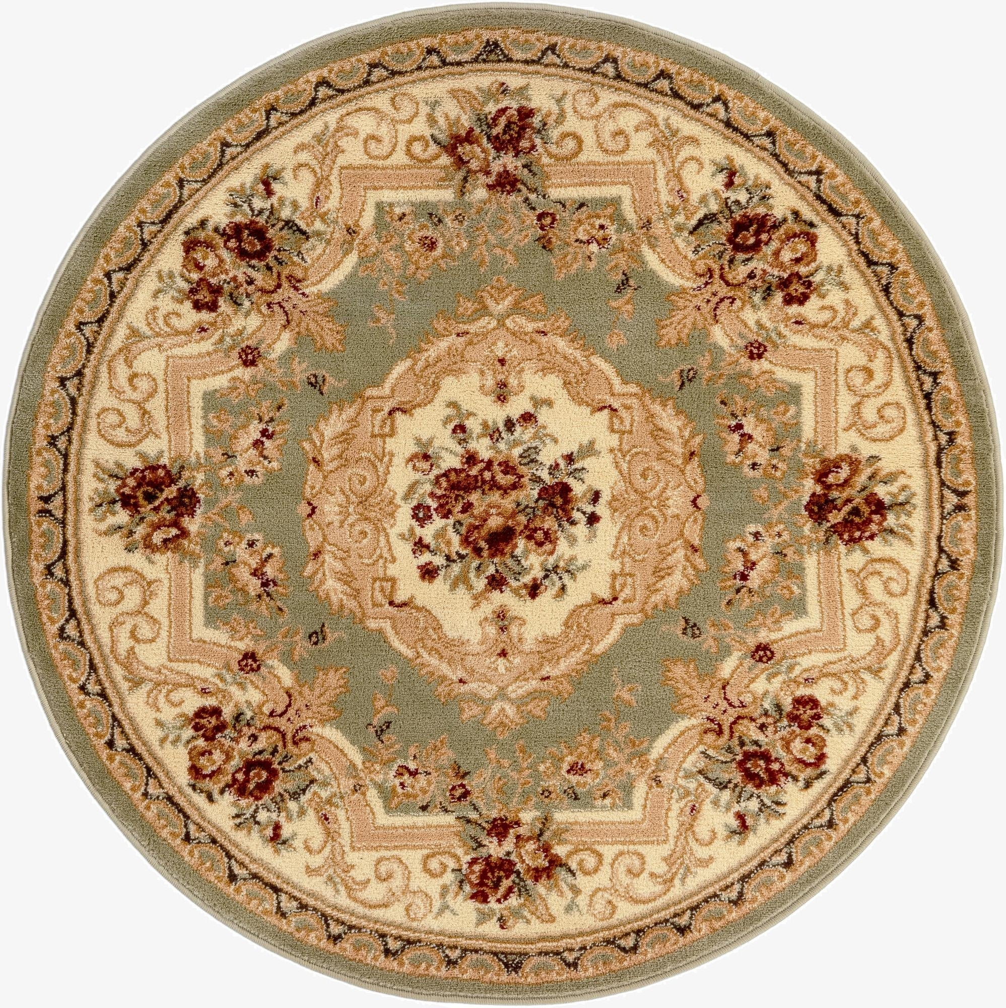 A 4' round traditional rug with a central medallion in sage green, cream, and red floral accents.