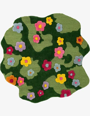 Green Happy Rugs Moss Funky Flower Wool Round
