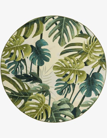 Green Easy-Clean Botanical Indoor / Outdoor Round Rug