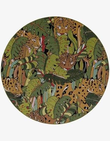 Green Easy-Clean Botanical Indoor / Outdoor Round Rug