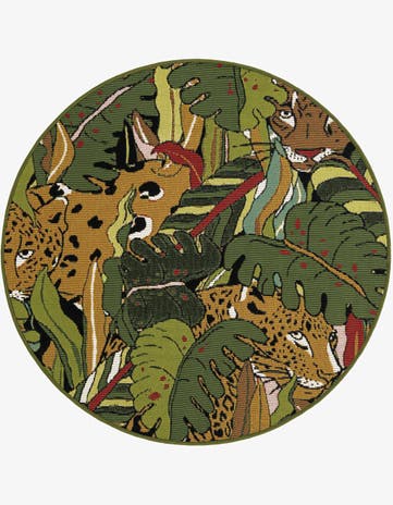 Green Easy-Clean Botanical Indoor / Outdoor Round Rug
