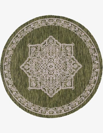 Green Easy-Clean Traditional Indoor / Outdoor Round Rug