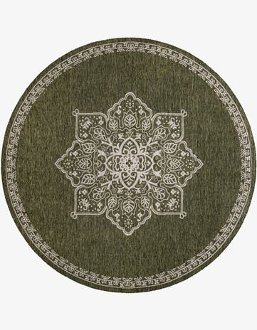 Green Easy-Clean Traditional Indoor / Outdoor Round Rug