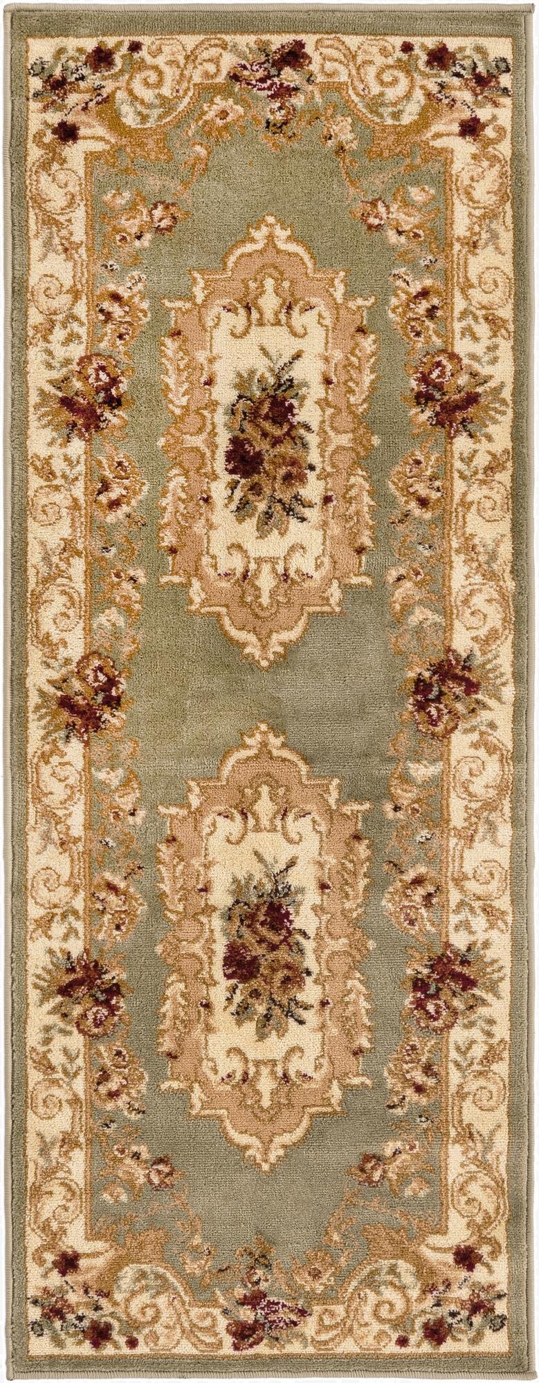 A 5 ft runner rug in traditional medallion style, featuring a sage green field with cream and gold floral motifs and burgundy accents.