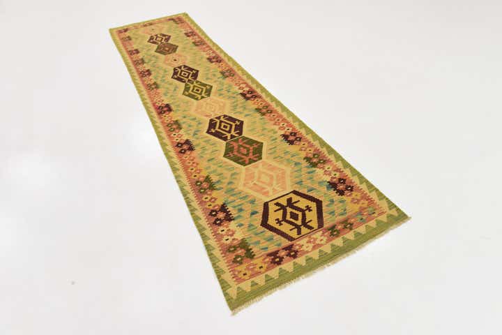 2' 9 x 9' 7 Hand Woven Kilim Maymana Wool Runner Rug