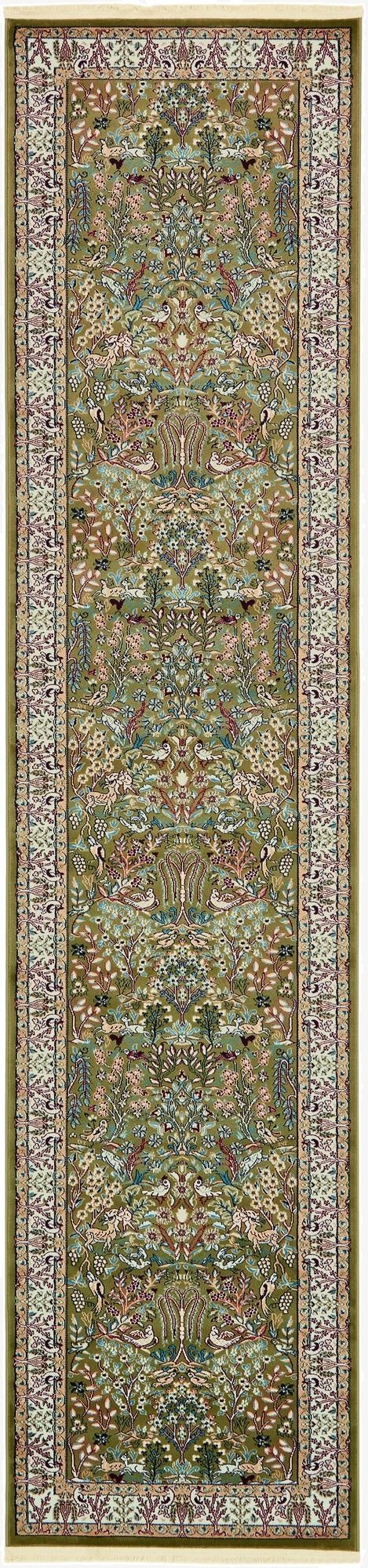 A 13 ft green traditional runner rug with an intricate botanical and floral pattern, featuring deer and birds, ideal for a hallway.