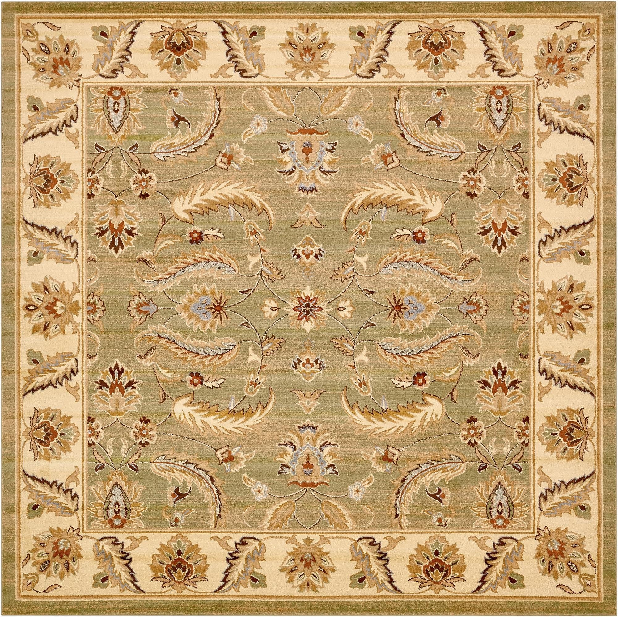 A 10' square Aditi rug in shades of green and cream, featuring a traditional botanical and floral pattern.