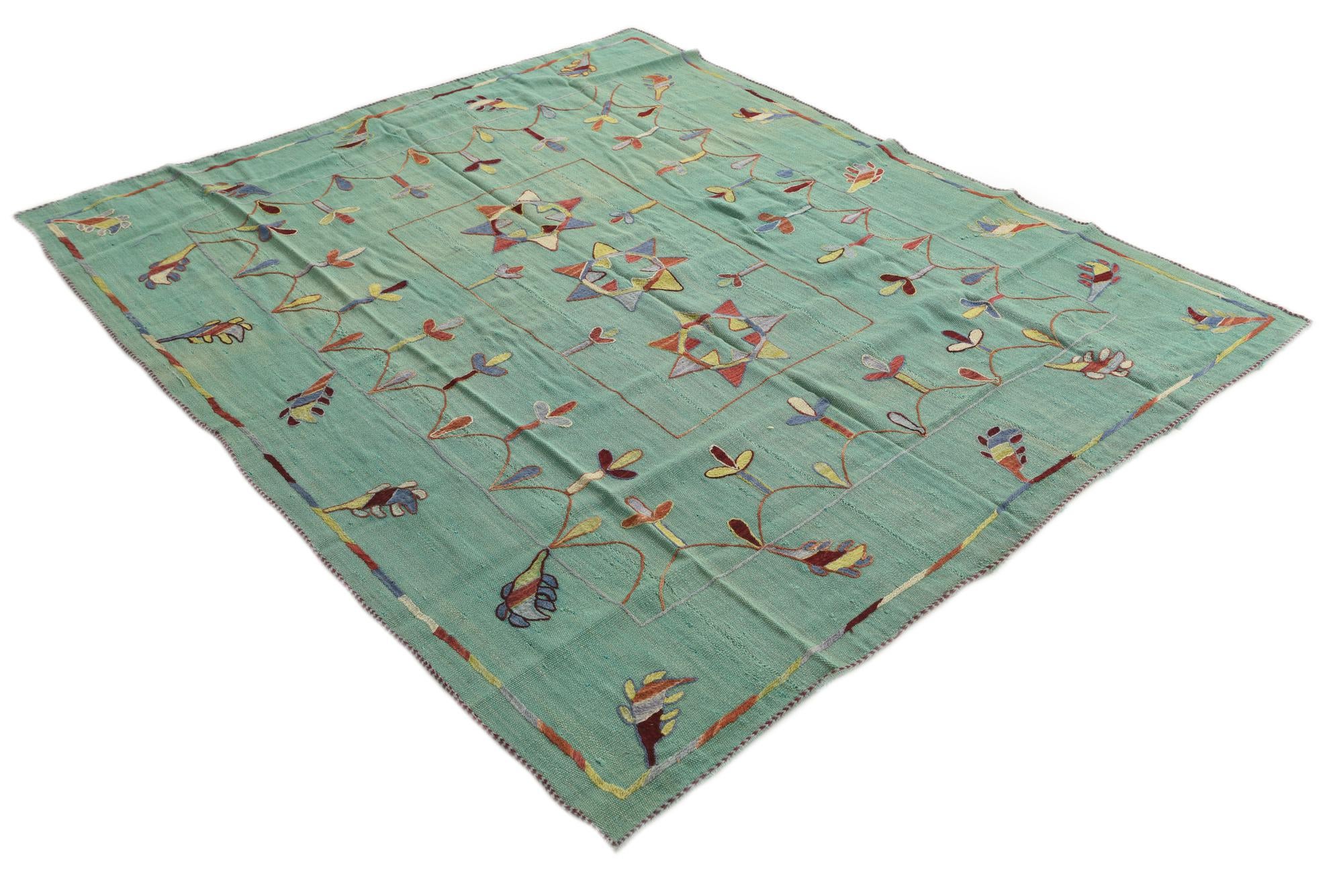 5' 10 x 6' 10 Hand Woven Kilim Suzani Wool Square Rug