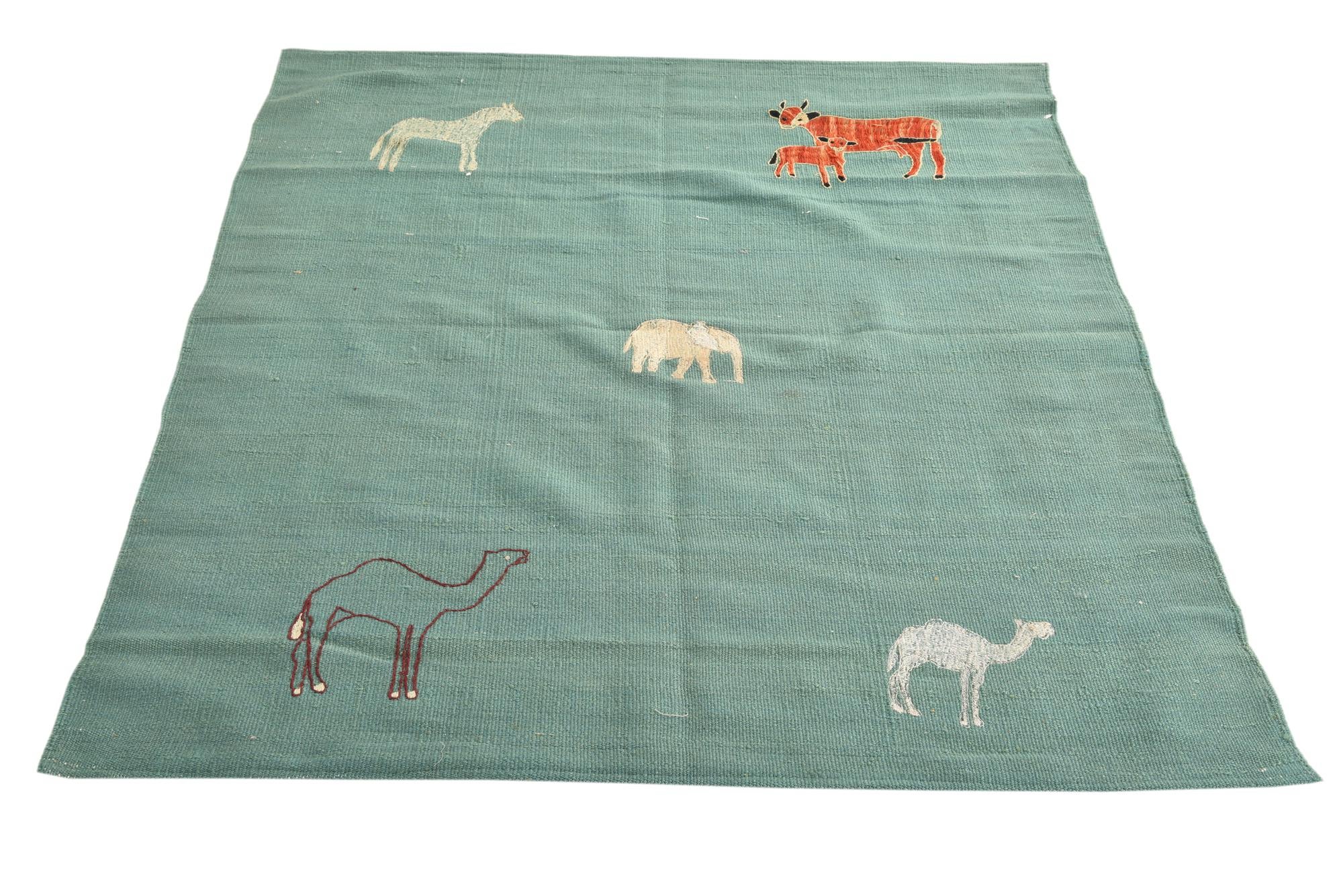 3' 8 x 4' Hand Woven Kilim Suzani Wool Square Rug