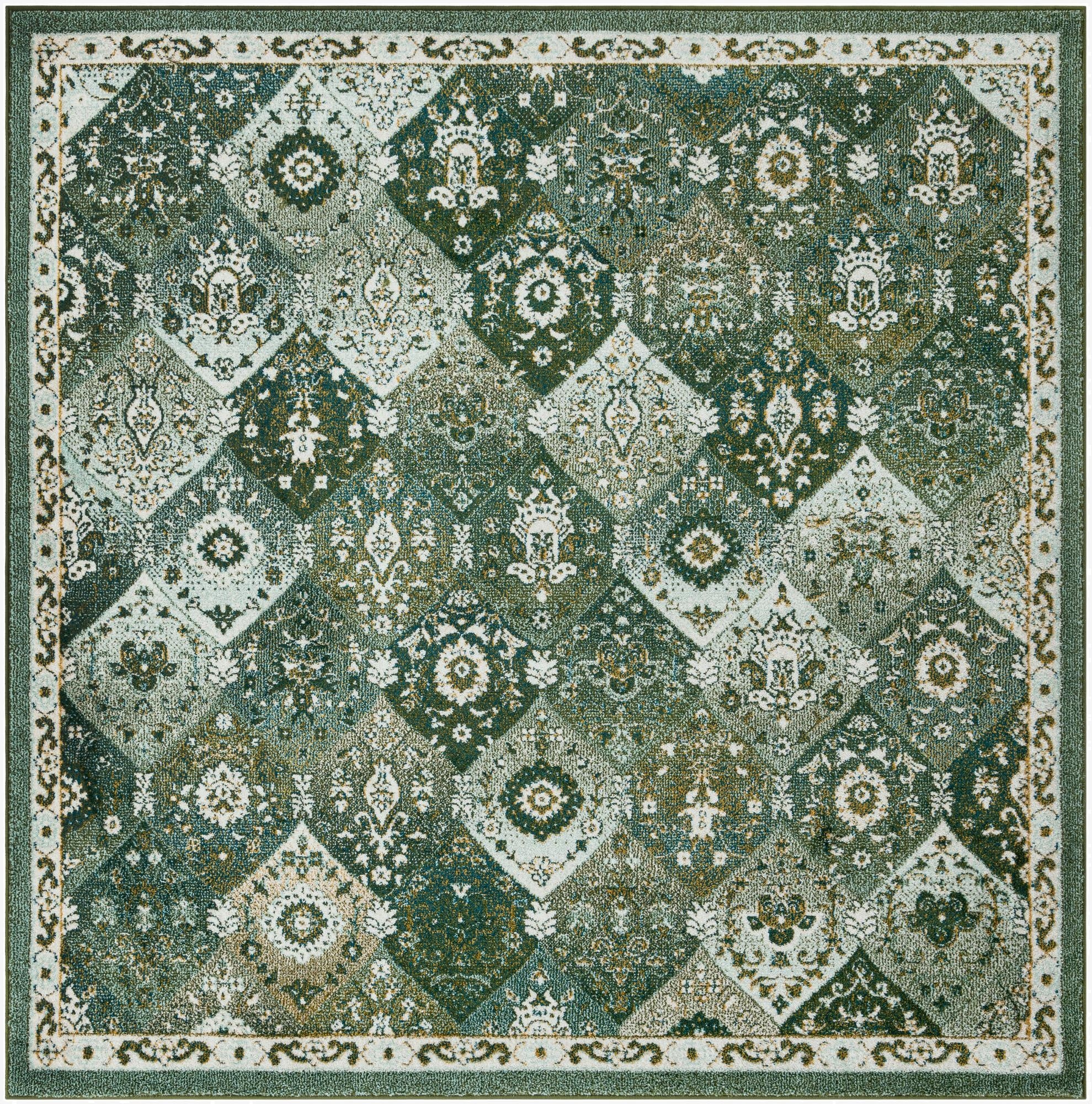 A 7' 10 x 7' 10 square Madeline rug from Rugs.com, featuring a bohemian trellis pattern in various shades of green and white.