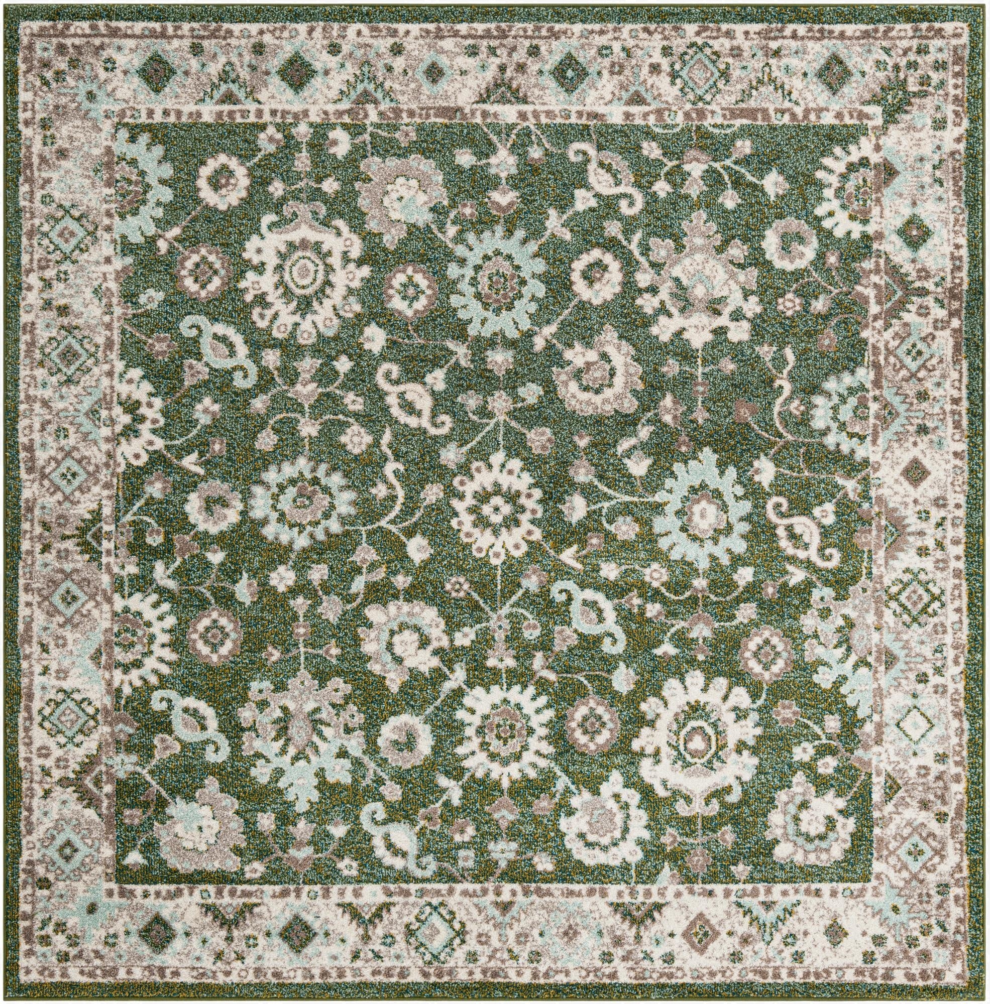 A 7' 10 x 7' 10 square green traditional area rug with an intricate botanical pattern and a light-colored border.