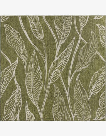 Green Easy-Clean Botanical Indoor / Outdoor Square Rug