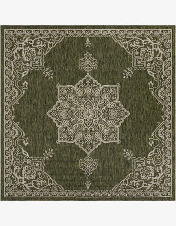 Green Easy-Clean Traditional Indoor / Outdoor Square Rug