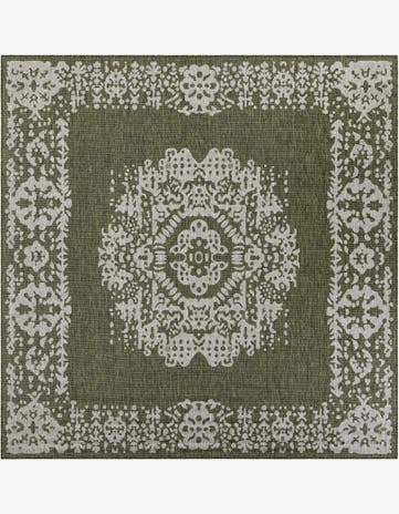 Green Easy-Clean Traditional Indoor / Outdoor Square Rug