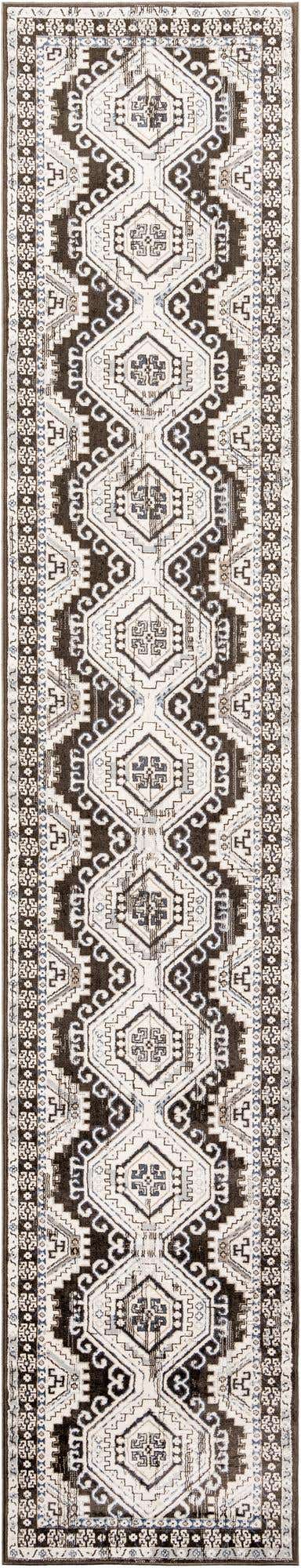 3' x 16' 5 Harmon · Geometric medallion rug, gray and ivory