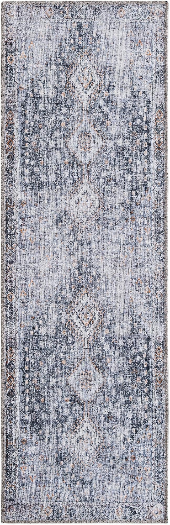2' x 6' Hodges · Distressed medallion rug, gray and black