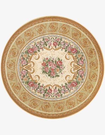 Ivory and Beige Easy-Clean Traditional Indoor / Outdoor Round Rug