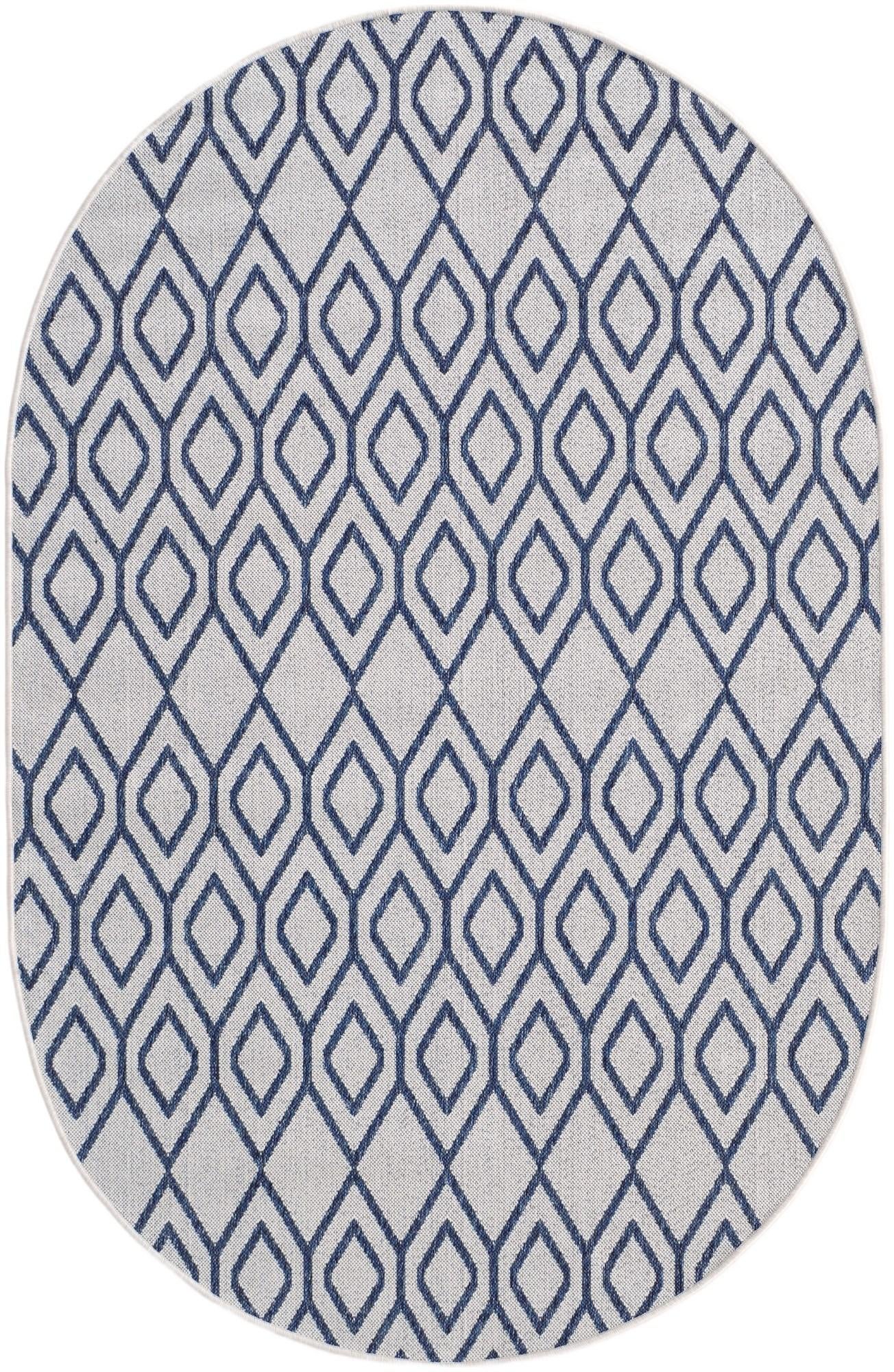 Ivory and Blue Easy-Clean Jill Zarin Indoor / Outdoor Oval Rug
